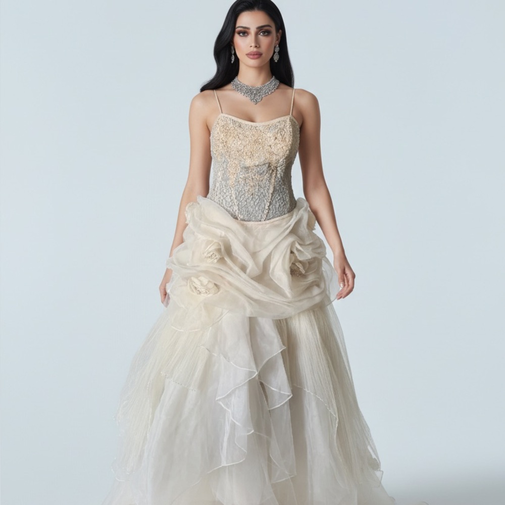Beaded and sequined  Cream Lace Wedding or Prom  gown   Formal  Evening